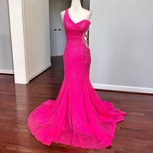 Luxury Sean Collection Pink Beaded Embellished Sexy Cutout Big Bling‎ Gown Dress